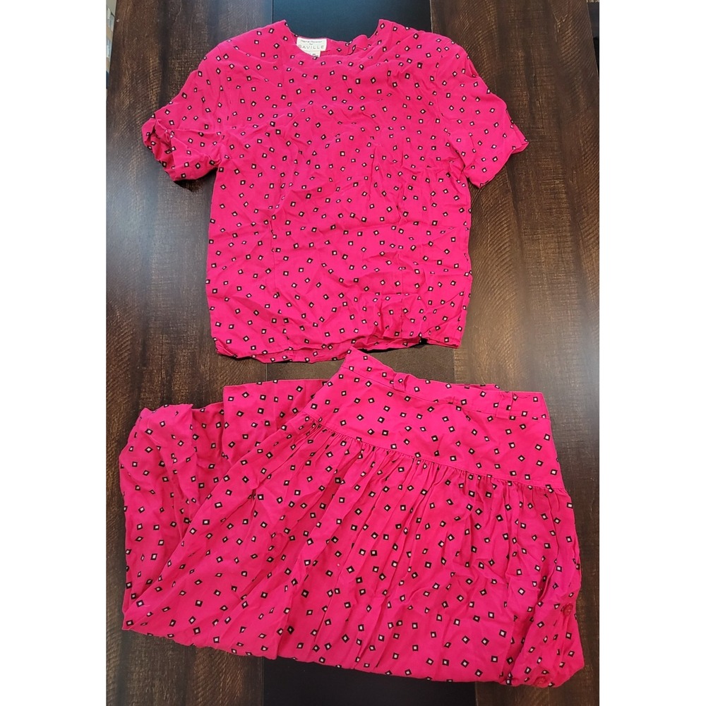 Vintage Rena Rowan Saville 2pc Set Midi Skirt Top Dress Fuchsia Pink Dot 8 - 10